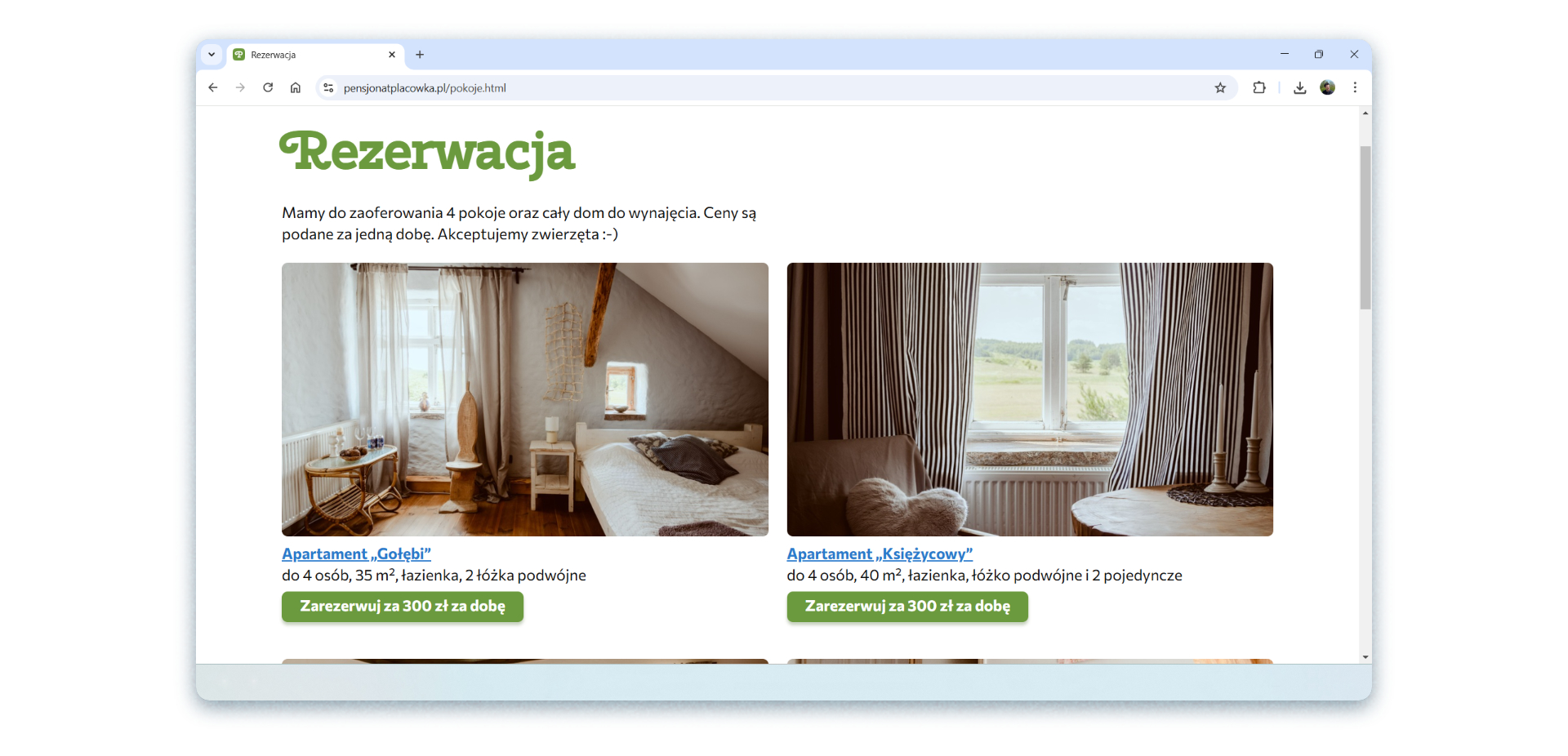 Сторінка з доступними до резервації кімнатами